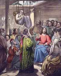 Der Gelähmte wird von seinen Freunden zu Christus gebracht (Farblithografie)