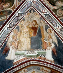 Die Krönung der Jungfrau. Fresko der Kapelle der Jungfrau, ausgeführt von der Schule von Siena im 14. Jahrhundert - Kloster von San Benedetto (Sacro Speco), Subiaco (Rom), Italien