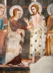 Der ungläubige Apostel Thomas (Detail). Fresko der Schule von Siena. 14. Jahrhundert. Obere Kirche. Kloster von San Benedetto (Sacro Speco), Subiaco (Rom), Italien