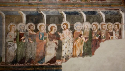 Der ungläubige Apostel Thomas. Fresko der Schule von Siena. 14. Jahrhundert. Obere Kirche. Kloster von San Benedetto (Sacro Speco), Subiaco (Rom), Italien
