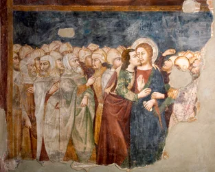Der Judaskuss. Fresko der sienesischen Schule. 14. Jahrhundert. Oberkirche. Kloster San Benedetto (Sacro Speco), Subiaco (Rom), Italien
