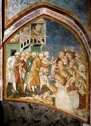Der Kindermord zu Bethlehem. Detail eines Freskos der Schule von Siena (14. Jahrhundert), 1363-1366. Kloster San Benedetto (Sacro Speco), Subiaco (Rom), Italien