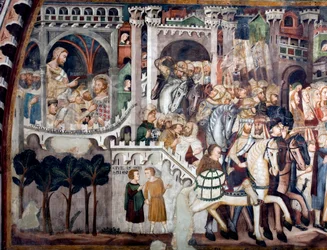 Detail eines Freskos in der Oberkirche, das den Aufstieg nach Golgatha darstellt: links Jesus vor Pontius Pilatus. Realisiert von der Schule von Siena Anfang des 14. Jahrhunderts. Kloster St. Benedetto (Sacro Speco), Subiaco