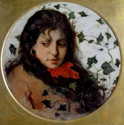 Efeu (Porträt einer jungen Frau mit melancholischem Ausdruck, Gesicht umgeben von Efeublättern)