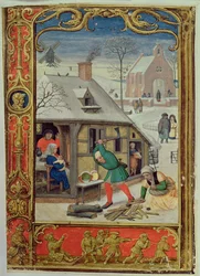 Januar: Holz hacken und Schlittenfahren, aus einem Stundenbuch oder dem Golfbuch, ca. 1520-30