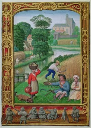 August: Ernte in der Nähe eines Flusses, aus einem Stundenbuch, ca. 1520-30