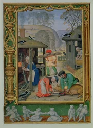 Dezember: Zubereitung von Lebensmitteln für den Winter, Brotbacken und Schweineschlachten, aus einem Stundenbuch, oder dem Golfbuch, ca. 1520-30