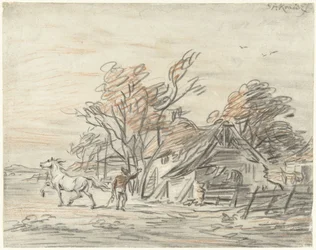 Bauernhaus mit einem Bauern, der sein Pferd dressiert