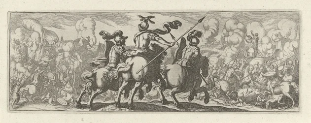 Drei Kavalleristen bei einer Feldschlacht mit Elefanten (Cavalerie)