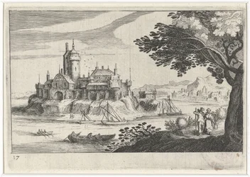 Hügellandschaft mit einer Burg auf einer Insel