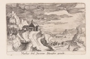 Landschaft mit einem Flusstal und einer Kirche auf einem Hügel, aus Topographia Variarum Regionum