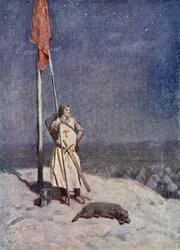 Der Ritter hält mit dem Banner Englands auf dem St.-Georgs-Berg Wache, Illustration aus „Der Talisman: Eine Erzählung aus der Zeit der Kreuzfahrer“ von Sir Walter Scott