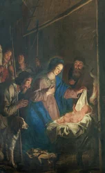 Pfarrkirche (Onze-Lieve-Vrouw-Hemelvaartkerk). Innenansicht. Gemälde. Weihnachtsszene. Simon De Paepe. Ursprung Abtei Ename (?)