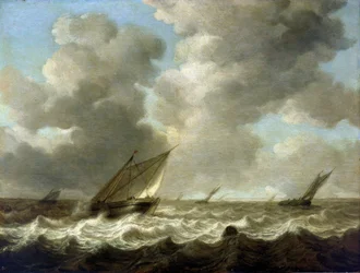 Fischerboote auf rauer See, am Horizont ist die niederländische Küste sichtbar