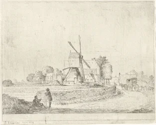 Mühle und Häuser entlang eines Landwegs