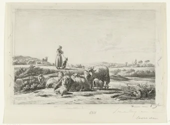 Landschaft mit Schäferin und Hund bei einer Schafherde