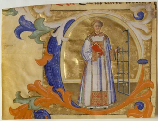 Buchmalerei mit dem heiligen Laurentius in einer Initiale C, aus einem Graduale, um 1380-90.