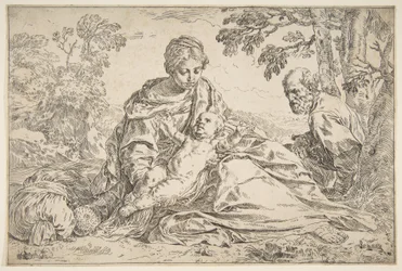 Ruhe auf der Flucht nach Ägypten, Maria hält das Jesuskind mit St. Joseph rechts, ca. 1640