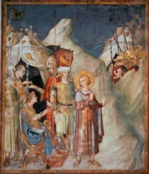 Episoden aus dem Leben des Heiligen Martin: "Heiliger Martin von Tours verzichtet auf Waffen" Fresko von Simone Martini (1285-1344). 1312-1317 - Dim 265x230 cm Untere Basilika des Heiligen Franziskus von Assisi; Kapelle des Heiligen Martin, Assisi