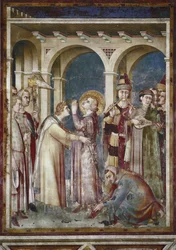 Fresko des Lebens des Heiligen Martin. Der Heilige Martin als Ritter, Detail. Der Bischof Saint Martin de Tours und die Musiker. Gemälde von Simone Martini
