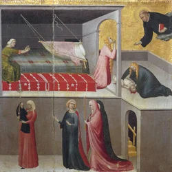 Das Wunder des Kindes, das aus seiner Wiege fällt: die drei Frauen, die sich im unteren Teil der Szene unterhalten. Teil des Triptychons „Geschichte des Einsiedlers des heiligen Augustinus“