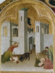 Das Wunder des Kindes, das zwischen den Fängen eines Wolfes gefangen ist. Teil des Triptychons Geschichte des Eremiten von St. Augustinus
