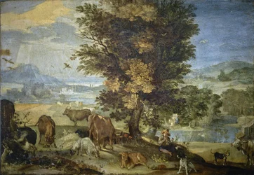 Landschaft mit Hirten und Tieren