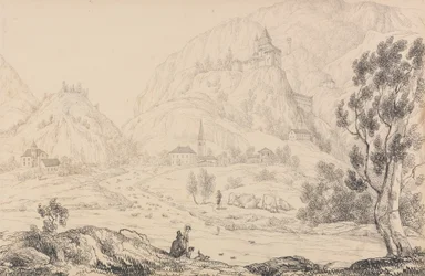 Album mit 30 Ansichten in Tirol und Italien: Festung Trostburg bei der Stadt Kollman. Tirol. 28. Okt. 1840