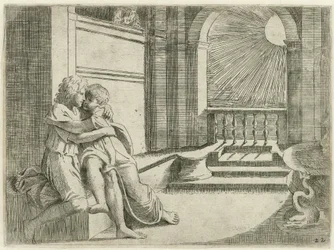 Abimelech sieht Isaak Rebekka liebkosen