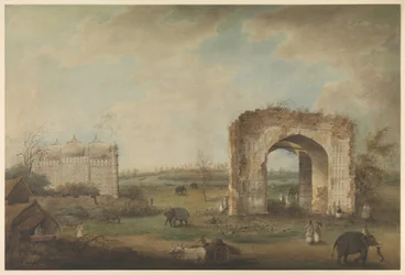 Ansicht einer Moschee und eines Tors in Motijhil, ca. 1814-23