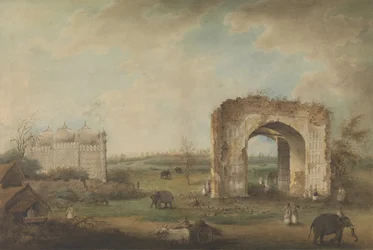 Ansicht einer Moschee und eines Tors in Motijhil, ca. 1814-23