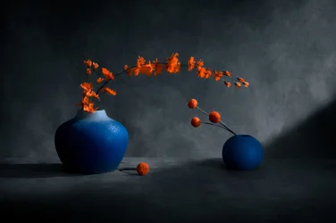 Blaue Vasen Orange Blüten