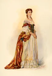 Kleid aus rotem Brokat, getragen in der Kolonie Barbados ca. 1685, 1903, 1937