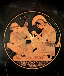 Innenraum einer attischen rotfigurigen Kylix, die Achilles zeigt, wie er den verwundeten Patroklos pflegt, aus Vulci, ca. 500 v. Chr.