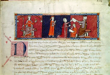 Eine Frau schwört einen Eid vor König Jakob I. von Mallorca, aus dem Capbreu de Clayra et de Millas, 1292