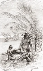 Eine Familie von Sápura-Eingeborenen auf einer Sandbank am Napo-Fluss, Ecuador