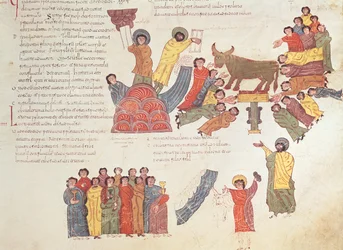 Anbetung des Goldenen Kalbs, aus der westgotisch-mozarabischen Bibel des hl. Isidor, fol. 46r., 960 n. Chr.