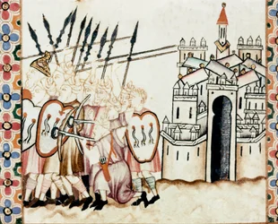 Heer der Mauren bei der Verteidigung einer Stadt. Detail einer Seite aus einer Handschrift der Lieder der Heiligen Maria (Cantigas de Santa Maria), ausgestattet mit Miniaturen, die der Heiligen Maria und ihren Wundern gewidmet sind, einer unter der
