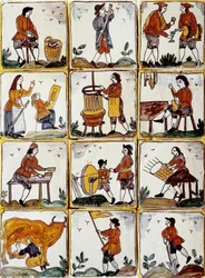 Handwerksberufe: Schuhmacher, Küfer, Korbmacher, Winzer, Zeichnungslehrer, Musiker, Kuhmelken, Schärfer, Bauer, Ebenist. Katalanische Keramikfliesen (Spanien)