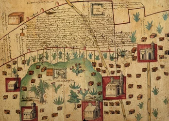 Ayer MS 1801 Karte 1: Karte der Ländereien in den Regionen Tultepec und Jaltocan, angrenzend an die Hacienda de Santa Ines, Mexiko, veröffentlicht 1569