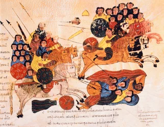 Schlacht zwischen den Hebräern und den Philistern, aus der Westgotisch-Mozarabischen Bibel von St. Isidores, fol.119r., 960 n. Chr. (Tempera auf Pergament)