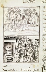 Codex der Eroberung Mexikos - Miniatur aus dem Florentiner Manuskript "Storia degli Aztechi" (Geschichte der Azteken) von Bernardino de Sahagun