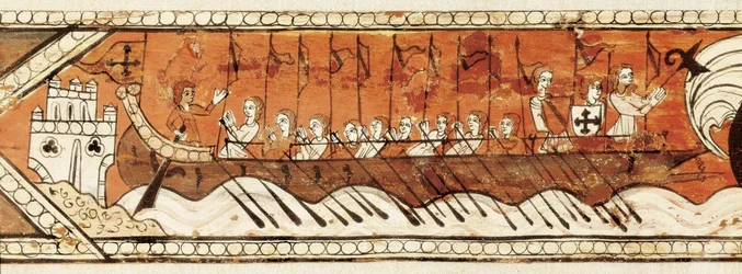 Kassettendeckenpaneel mit Rittern, Galeeren und einem Boot mit hohem Schanzkleid (Detail)