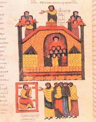 Eroberung Jerusalems durch Nebukadnezar und der Prophet Jeremia empfängt die Würdenträger der Stadt, fol.283v., aus der Westgotisch-Mozarabischen Bibel von St. Isidores, 960 n. Chr. (Tempera auf Pergament)