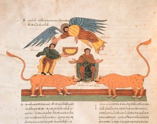 Daniel in der Löwengrube, aus der Westgotisch-Mozarabischen Bibel von St. Isidores, fol.325v., 960 n. Chr. (Tempera auf Pergament)