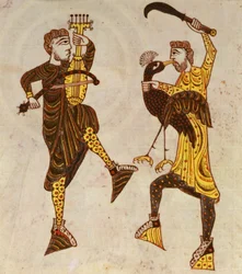 Zwei Männer tanzen, aus der Beatus-Apokalypse von Santo Domingo de Silos