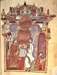 Fol.1r Hofszene mit Schreibern, aus dem Liber feudorum maior