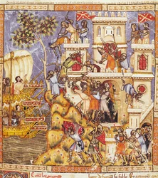 Fol.30r Die Landung der Griechen, die Belagerung der Burg Tenedos und der Tod der Verteidiger, aus dem Codex Benito Santa Mora