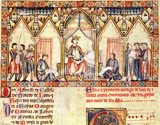 Der Hof von Alfons X., Miniatur aus den Cantigas de Santa Maria