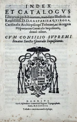 Frontispiz von "Index und Katalog der verbotenen Bücher", Index der von der Generalinquisition in Spanien verbotenen Bücher, veröffentlicht von Gaspar de Quiroga (1499-1593)